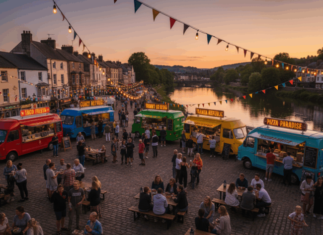 RemseckFirefly_Gemini Flash_Outdoor street food festival on a scenic riverside town square near the water. Colorf 187922