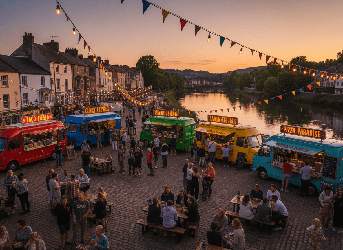 RemseckFirefly_Gemini Flash_Outdoor street food festival on a scenic riverside town square near the water. Colorf 187922