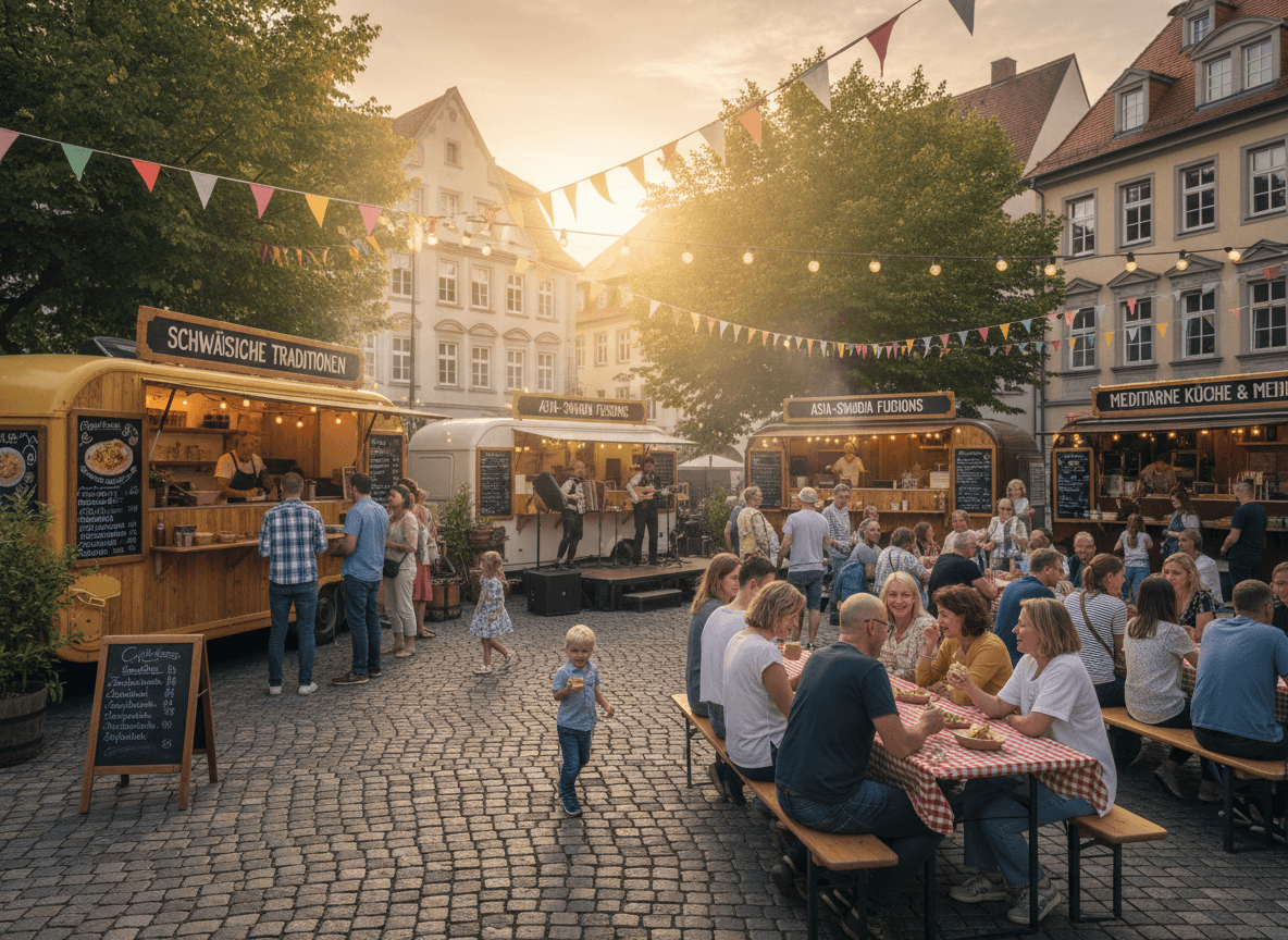 Schwäbisch Firefly_Gemini Flash_Outdoor street food festival in a historic European market square focused on traditio 187922