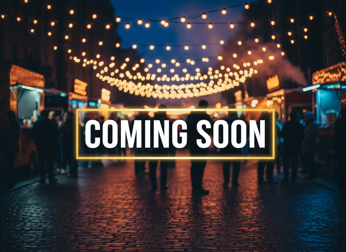 Coming Soon Firefly_Gemini Flash_Street food festival teaser image with glowing string lights, blurred colorful food t 187922