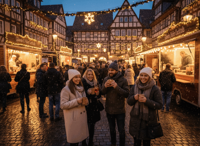 Rottenburg Firefly_Gemini Flash_cozy winter street food festival on a historic German market square, surrounded by il 187922
