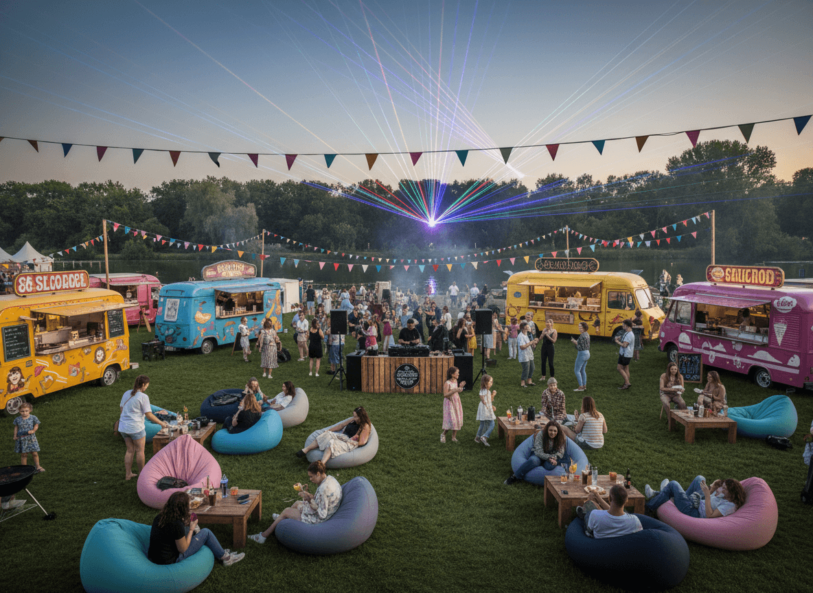 Höfen Firefly_Gemini Flash_Outdoor summer street food festival in a green riverside park. Colorful food trucks, 187922