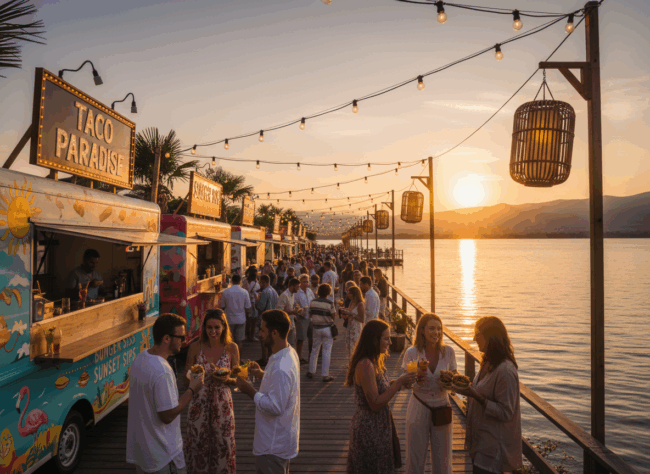 Firefly_Gemini Flash_Vibrant summer street food festival scene at a lakeside location. Colorful food truck 187922