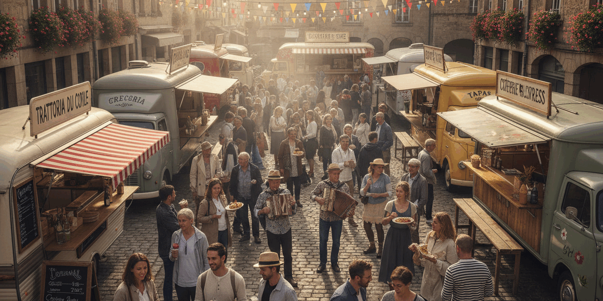 Firefly_Gemini Flash_Lively street food festival scene in a charming European city center. Colorful food t 187922