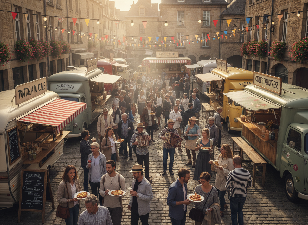 Firefly_Gemini Flash_Lively street food festival scene in a charming European city center. Colorful food t 187922