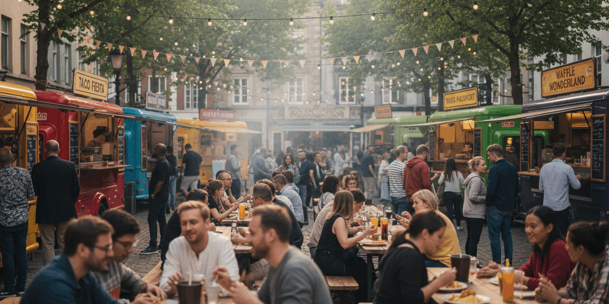 LBFirefly_Gemini Flash_Lively outdoor street food festival on a charming European city square. Colorful food 187922