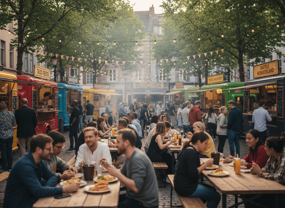 LBFirefly_Gemini Flash_Lively outdoor street food festival on a charming European city square. Colorful food 187922