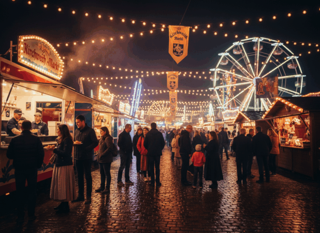 Sinzheim Firefly_Gemini Flash_vibrant night-time festival scene with colorful food trucks, glowing string lights, c 187922