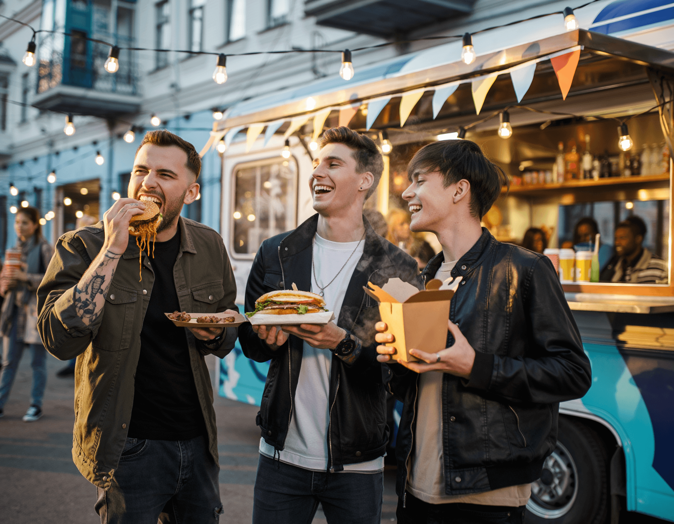 Firefly_Three stylish young men with tattoos enjoying street food outdoors in a cheerful spri 87447